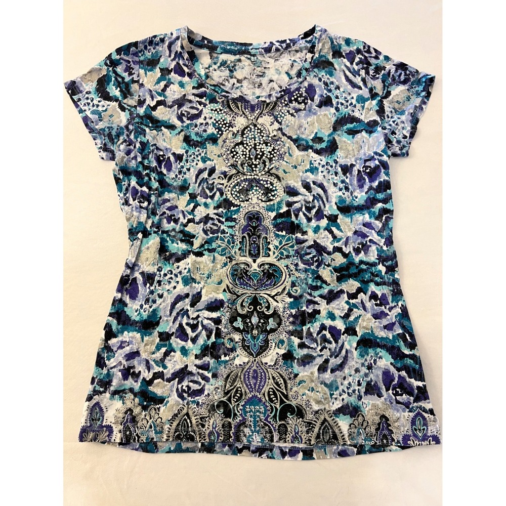 Style & Co Sport Womens Blue Abstract Floral Rhinestone Medallion Top Medium